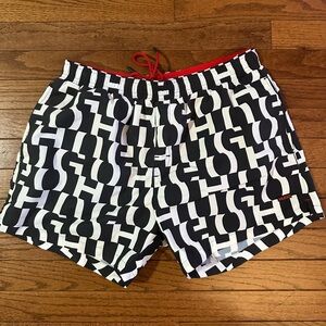 Hugo Boss Black and White Swim Trunks with Red Accents